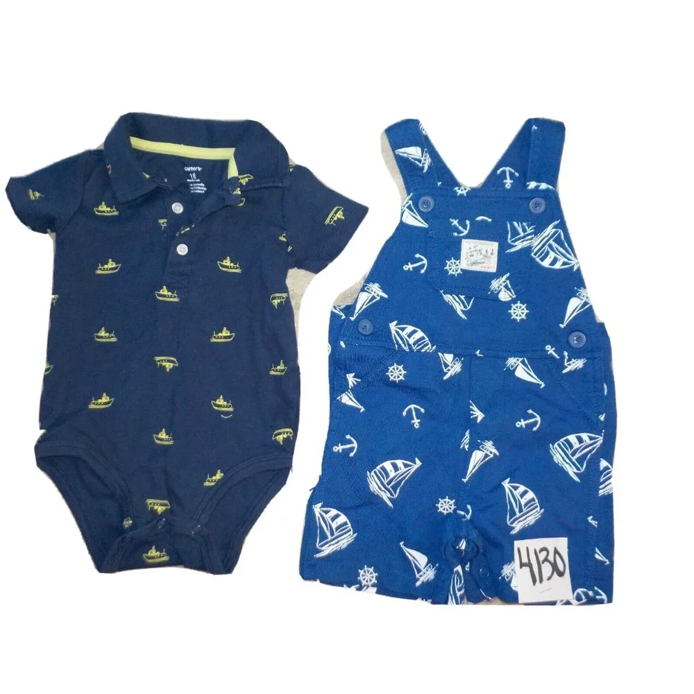 Lot of 2 Carter's Blue Nautical Bib Overalls & 1 Pc Sailing Boat Outfit 18 Mo